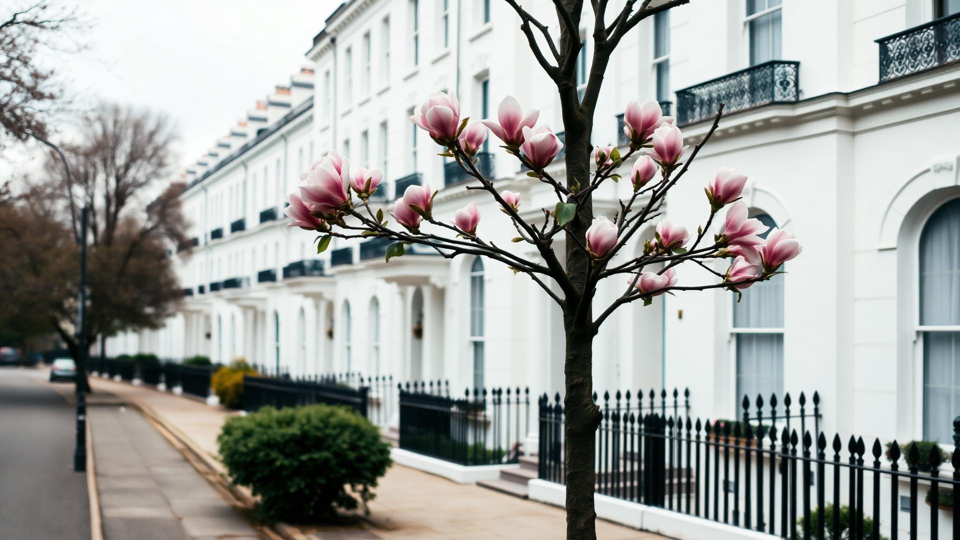 London townhouses with magnolia blossom